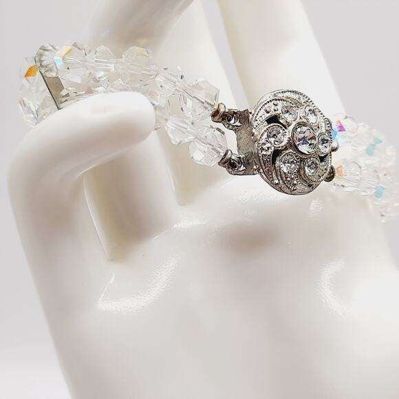 Vintage 1950s Wedding Bracelet, Aurora Borealis Crystal Beads, Rhinestone Clasp - Picture 9 of 14